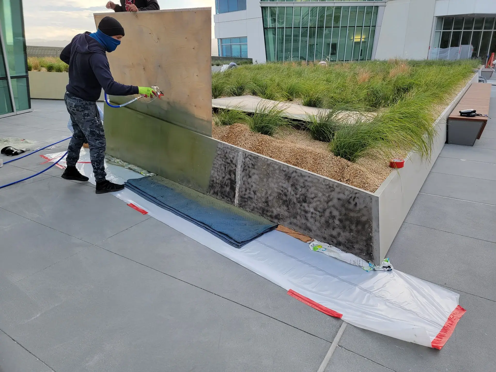 Recoated structural steel beams in a Bay Area facility