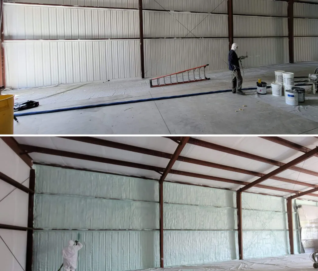 Commercial warehouse ceiling insulated with closed-cell spray foam