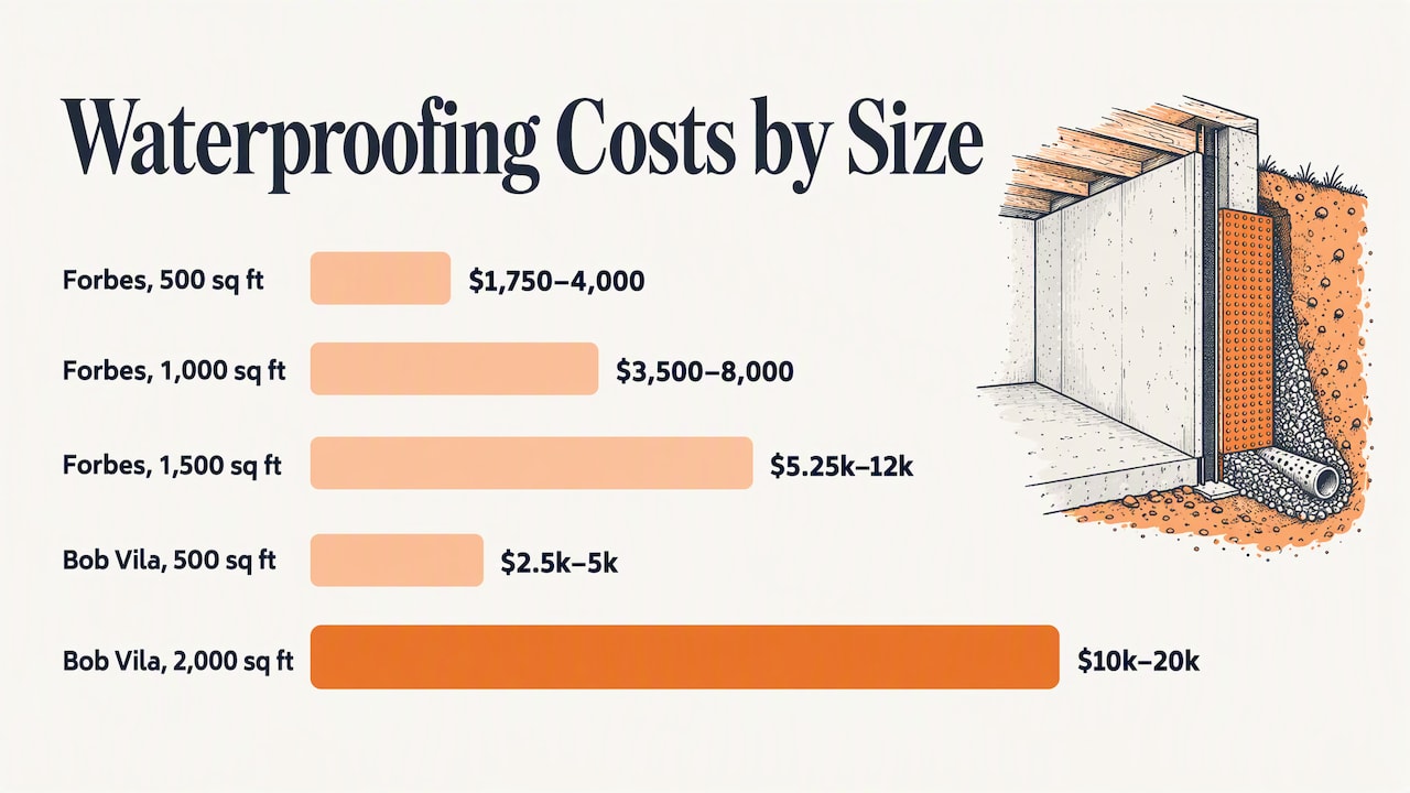 Waterproofing cost ranges by basement size